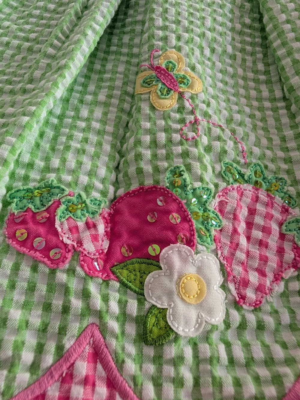 Pink and Green Gingham Appliqué Sleeveless Kids Dress